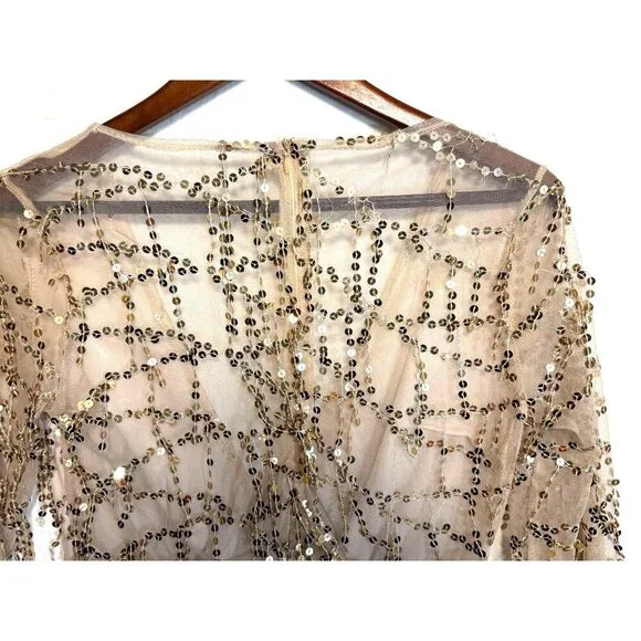 Gold Metallic Flirty Sequined Sheer Mini Romper  Prom Glam Fairy Sexy NWT Sz M - Picture 7 of 16